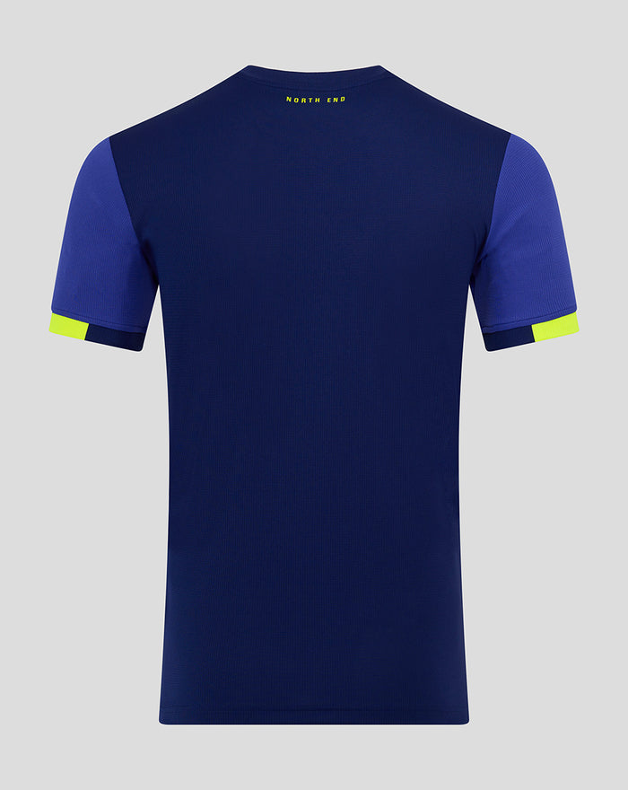 Back view of JUNIOR AWAY SHIRT 25/26 in navy with royal blue sleeves and neon lime cuff trim.