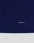 Close-up of navy blue fabric with AERTEK branding near the hem