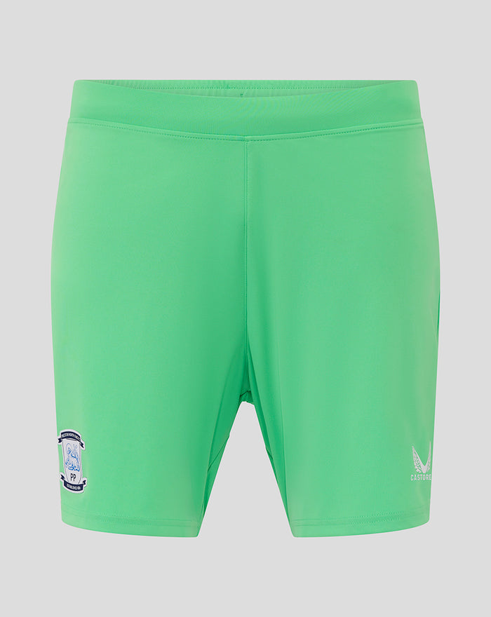 Bright green men's away goalkeeper shorts with a team crest on the left leg and a Castore logo on the right.