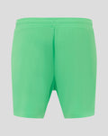Back view of bright green men's away goalkeeper shorts with an elastic waistband.