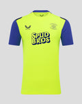 Front view of neon yellow Preston North End FC replica shirt with blue sleeves and Spud Bros sponsor