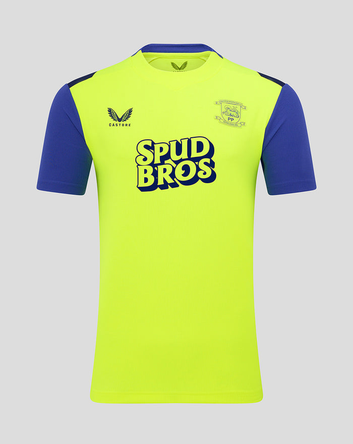 Front view of neon yellow Preston North End FC replica shirt with blue sleeves and Spud Bros sponsor