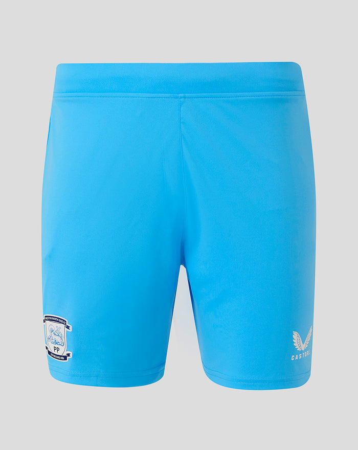 Bright blue goalkeeper shorts with Preston North End crest on left thigh and Castore logo on right leg