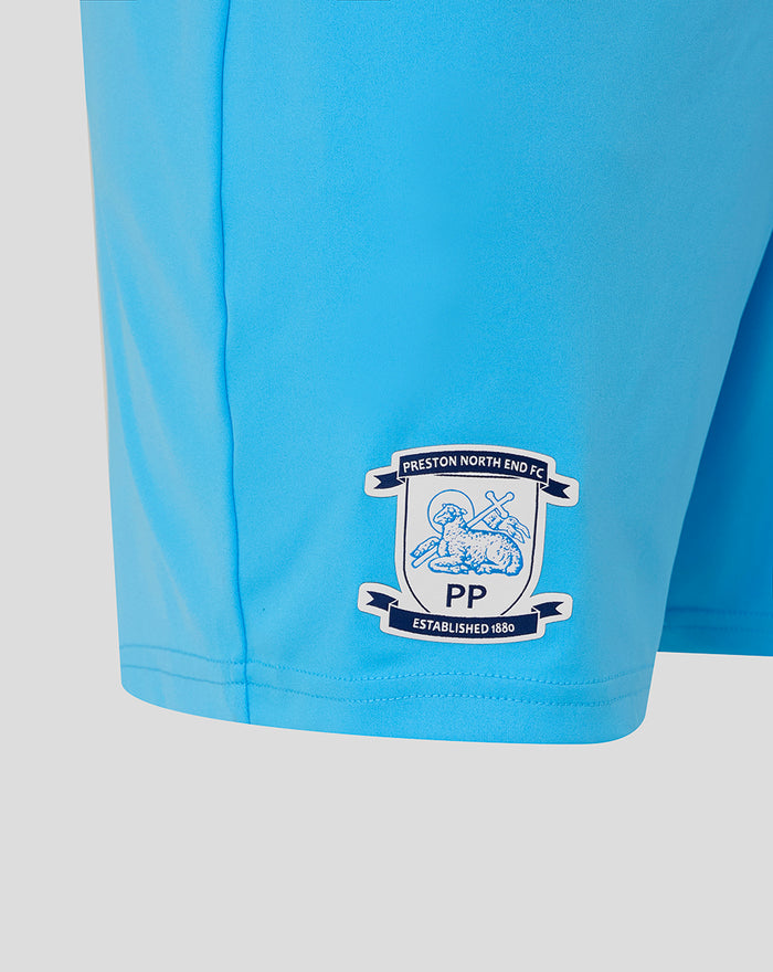 Blue Preston North End FC shorts with woven crest on the leg