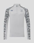 Front view of grey training midlayer top with camouflage sleeves and zip neck