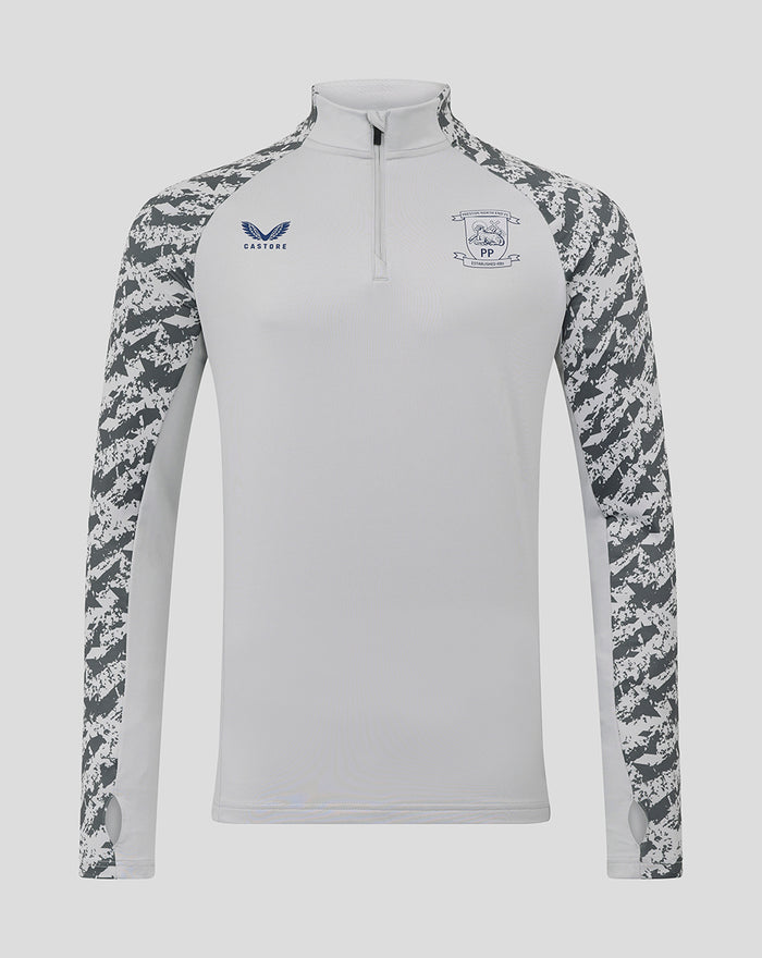 Front view of grey training midlayer top with camouflage sleeves and zip neck