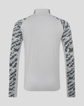 Back view of light grey training midlayer with solid back and camo patterned sleeves.