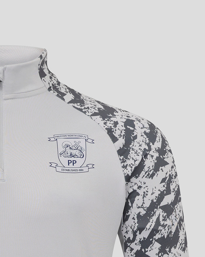 Close up of men's grey training midlayer featuring a white front panel with club crest and camo patterned sleeves.