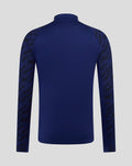 Back view of navy blue training midlayer with camo sleeves