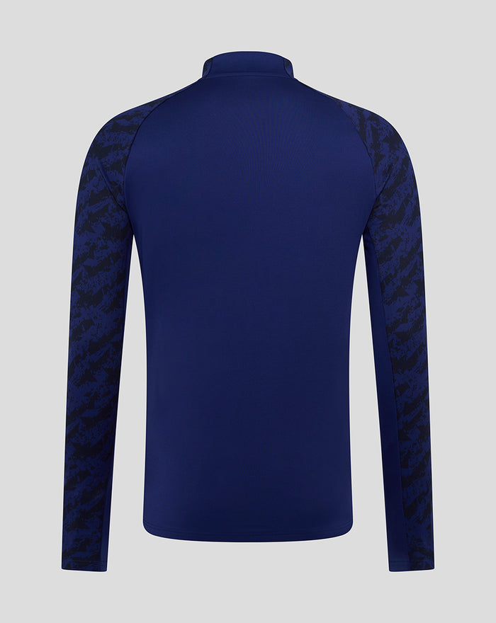 Back view of navy blue training midlayer with camo sleeves