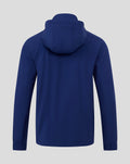 Back view of blue men's training packable hood shower jacket with the hood resting at the top.