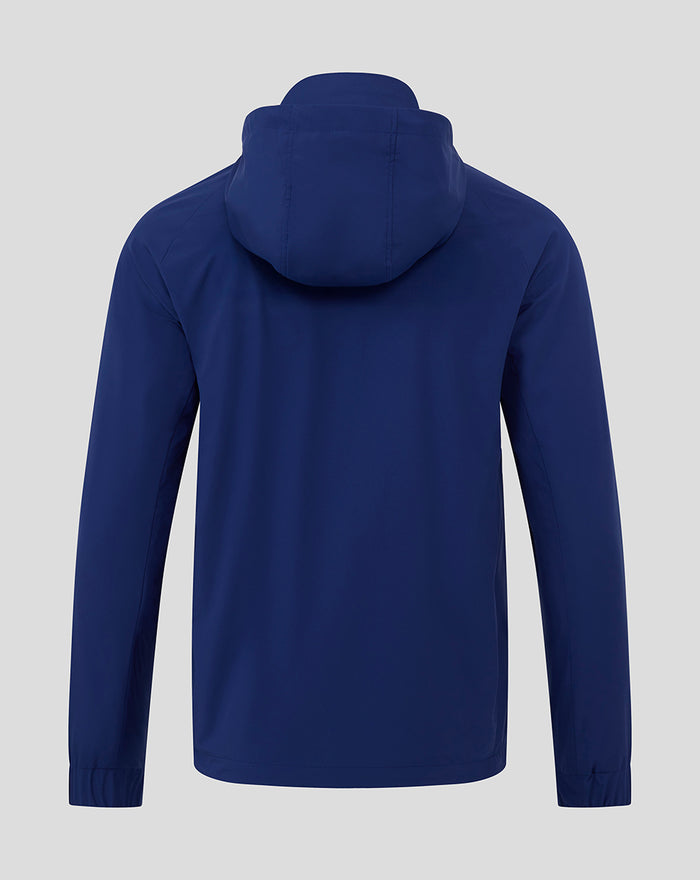 Back view of blue men's training packable hood shower jacket with the hood resting at the top.