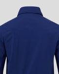 Back view of navy blue packable hooded shower jacket