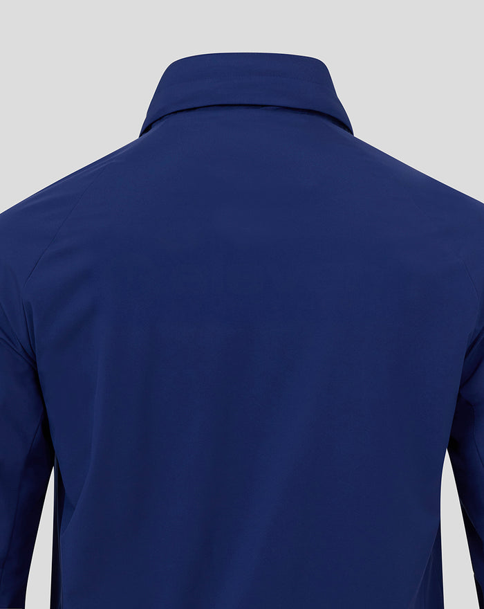Back view of navy blue packable hooded shower jacket