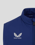 Close up of the white Preston North End FC crest on the chest of the blue training gilet.