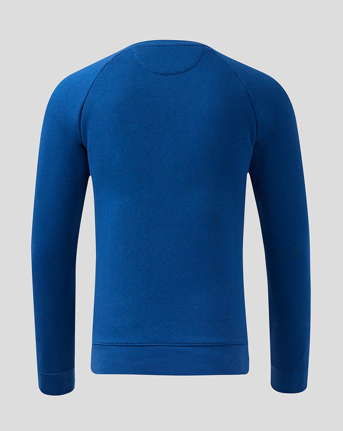 Rear view of navy crew neck sweatshirt with solid color and ribbed hem and cuffs