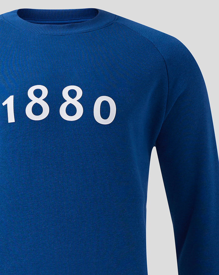Navy blue crew neck sweatshirt shown with large white 1880 graphic on the chest