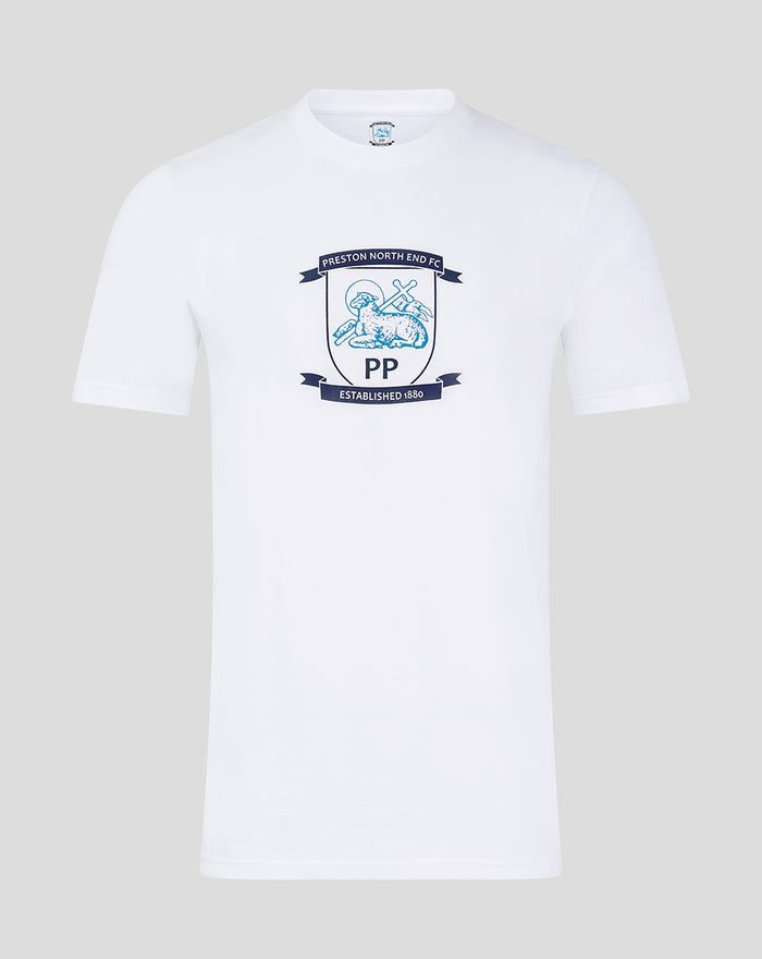 White men's crest T-shirt with navy shield logo on the chest
