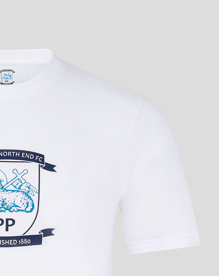 White men's Core Crest T shirt with blue crest graphic on the front