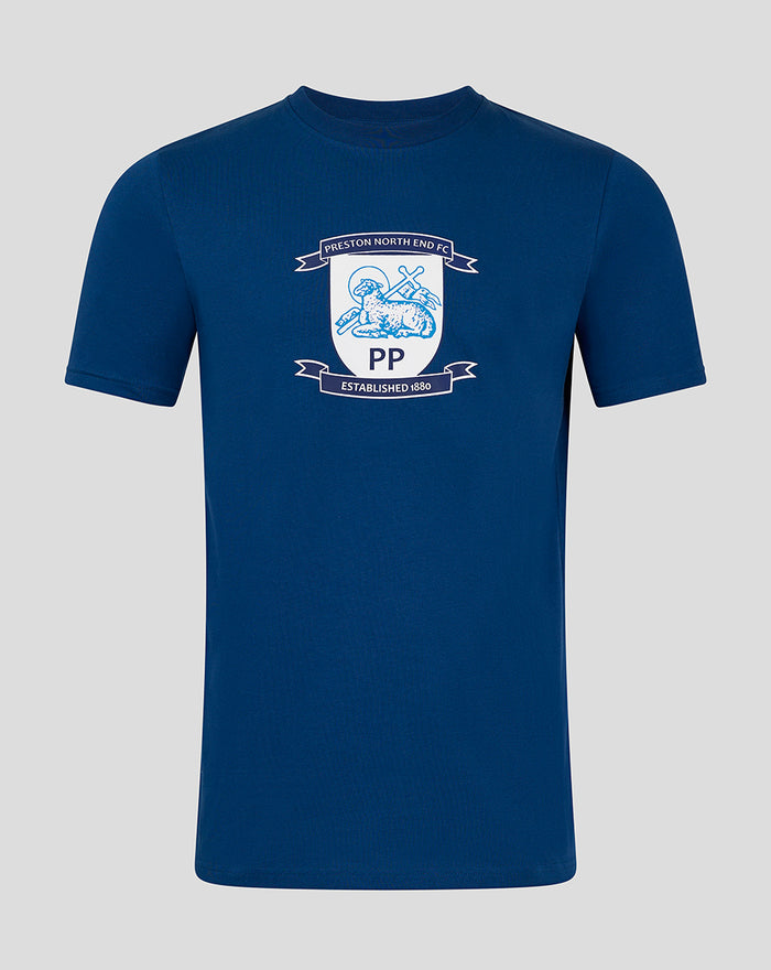 Front view of navy crest T-shirt with Preston North End crest centered on the chest