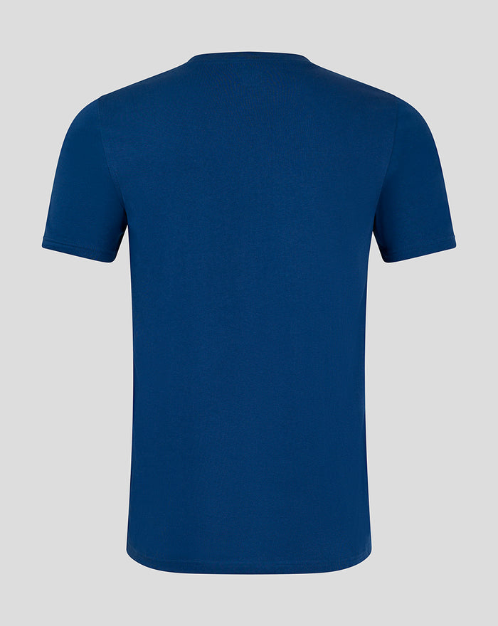 Back view of navy men's crest T shirt showing plain back and ribbed crew neck.