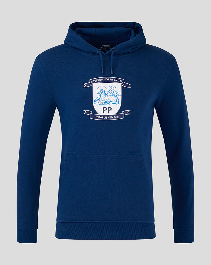 Front view of navy men's core hoodie with Preston North End crest on chest and drawstring hood