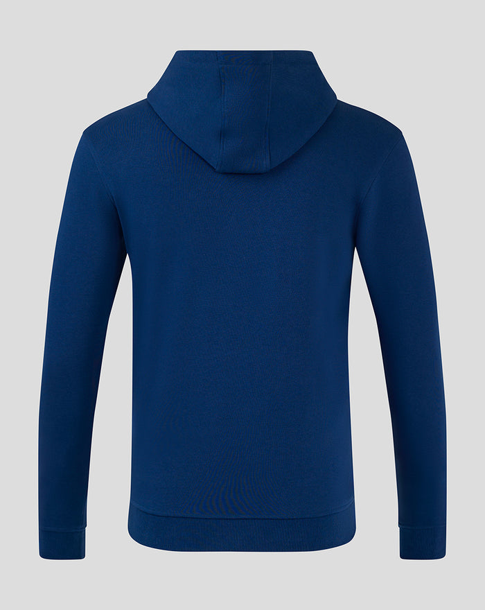 Back view of navy core hoodie with attached hood and plain back