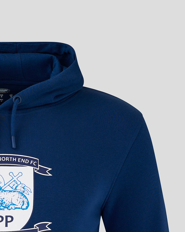 Navy men's core hoodie close up showing hood with drawcord and center chest crest