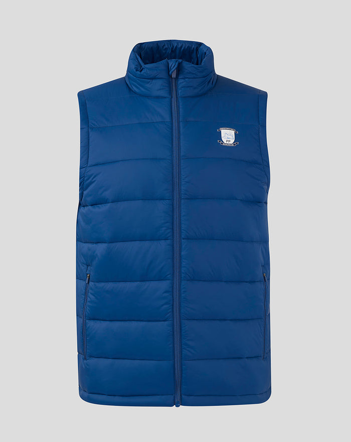 Navy padded gilet with stand collar and full zip front with a crest emblem on the left chest