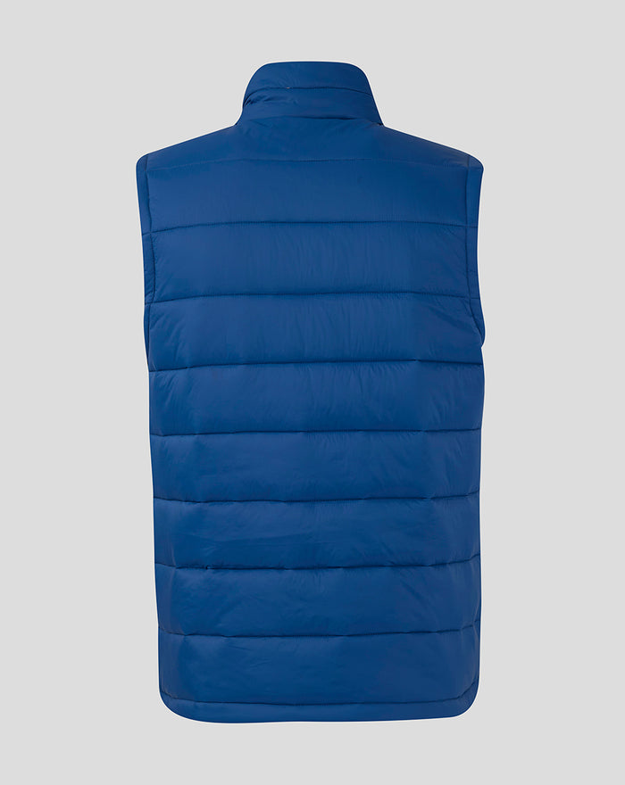 Back view of navy core gilet with horizontal quilting and high collar