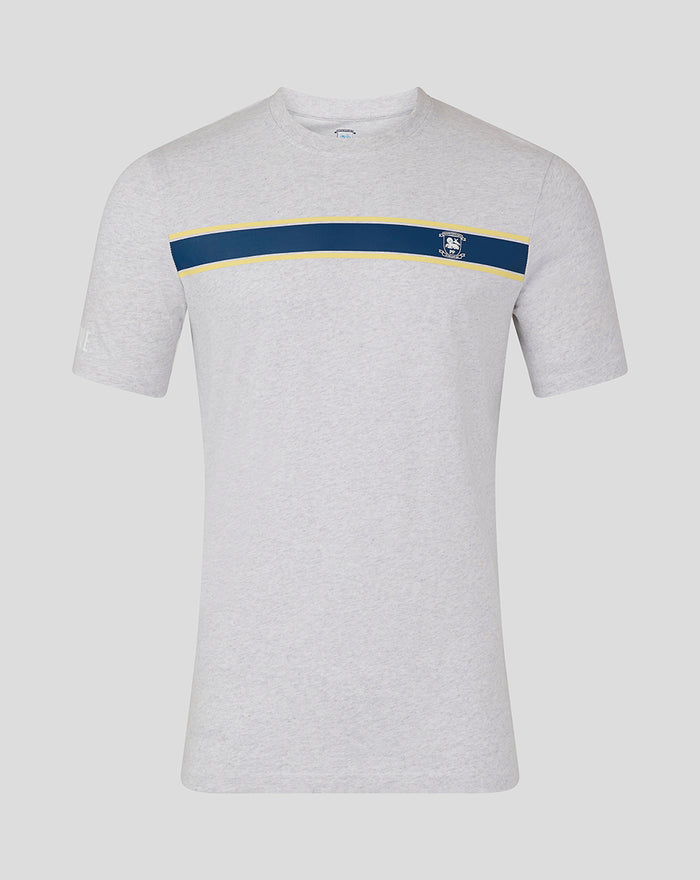 Grey men's classic cotton T shirt with navy chest stripe bordered by yellow and club crest on left chest