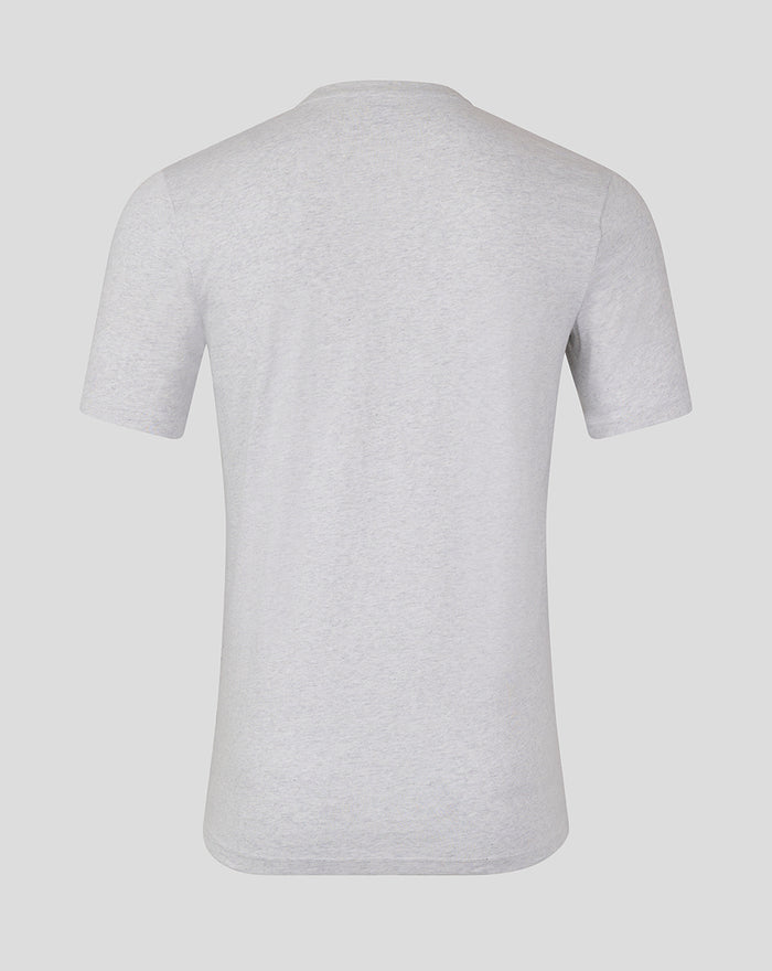 Back view of light grey short sleeve T shirt showing plain back
