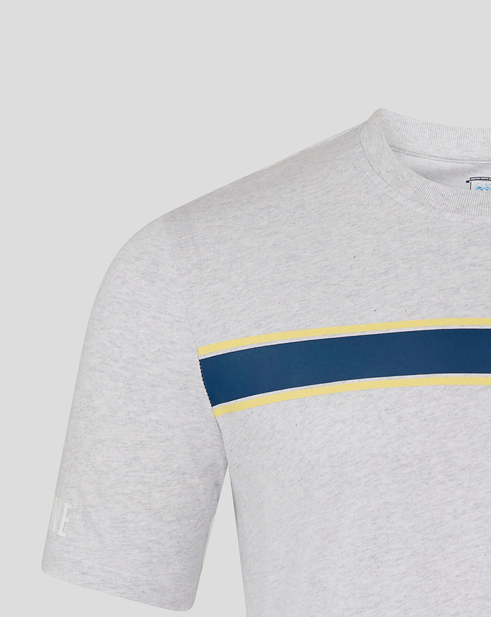 Grey heather short sleeve shirt with navy chest stripe edged in yellow and small left chest club crest