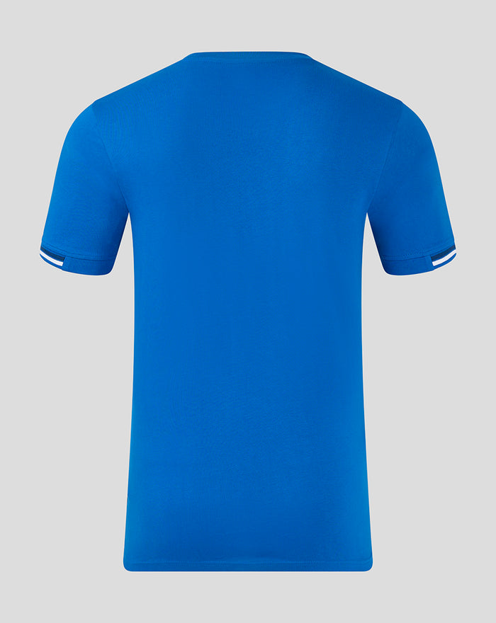 Back view of bright blue men's short sleeve cotton T-shirt with ribbed crew neck