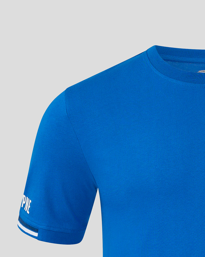 Blue short sleeve T-shirt with PNE lettering on the sleeve and striped cuff