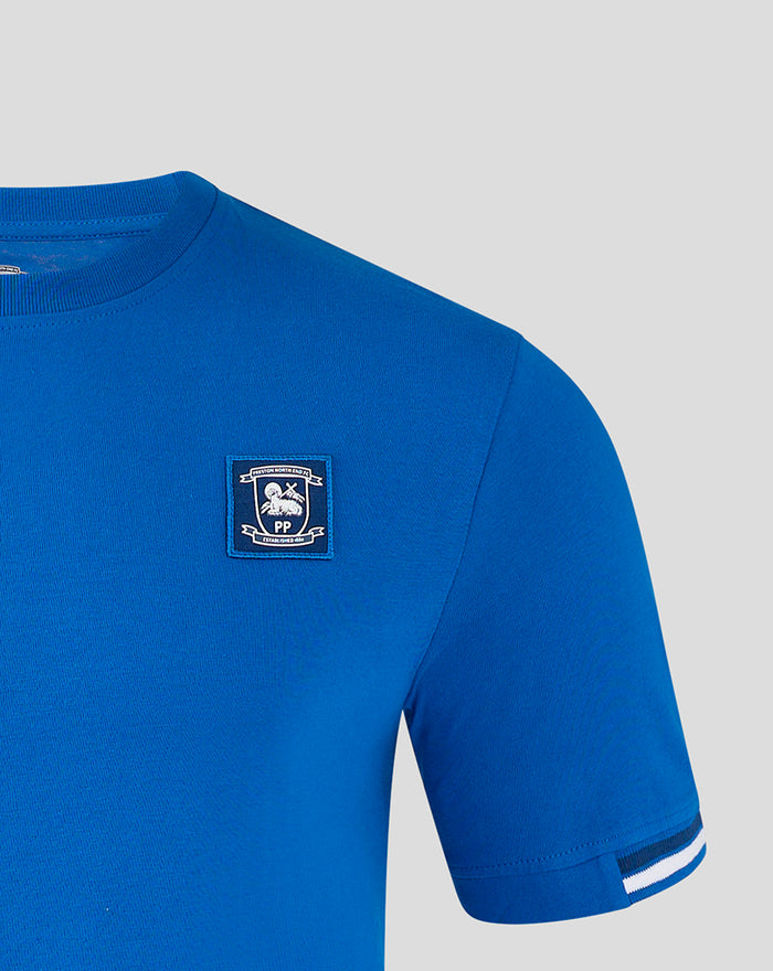 Blue men's Preston North End classic cotton T shirt with crest on chest and striped cuffs.