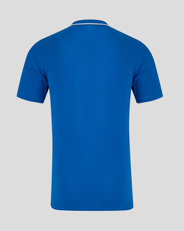 Back view of blue polo shirt with white collar trim and short sleeves