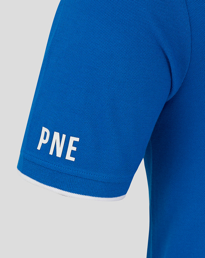 Blue polo sleeve close up with PNE lettering and white trim