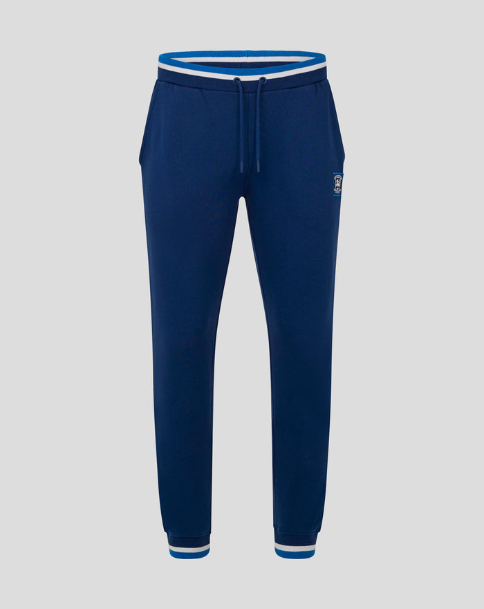 Navy men's classic jogger with striped elastic waistband drawcord and left thigh woven badge
