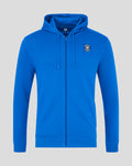 Bright blue men's classic full zip hoodie with hood and left chest logo