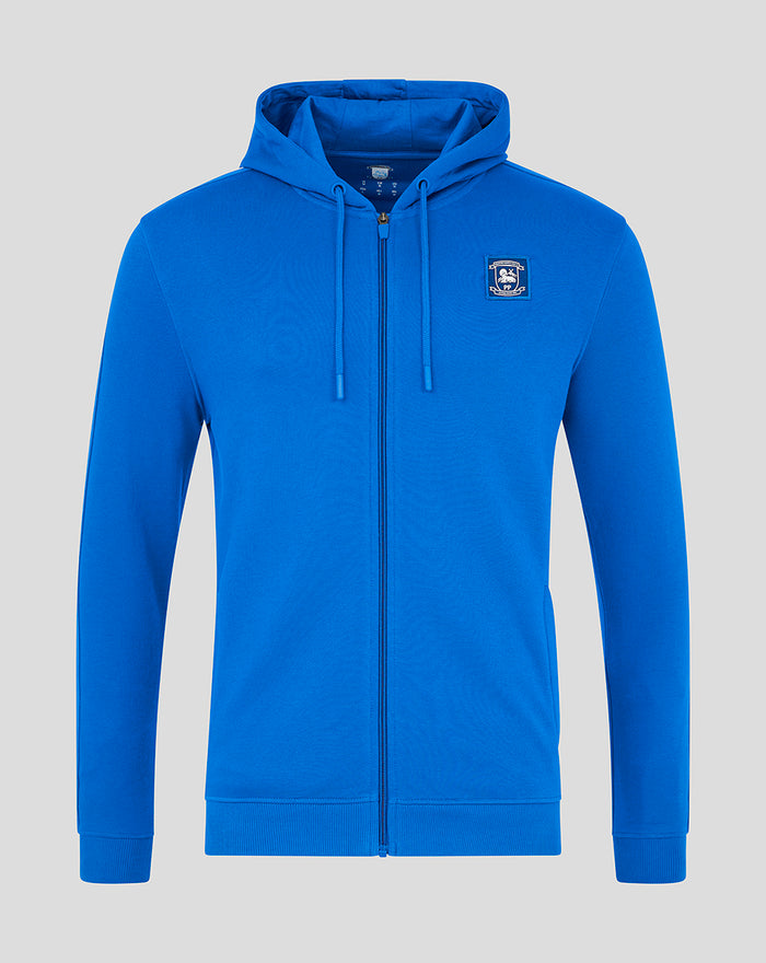 Bright blue men's classic full zip hoodie with hood and left chest logo