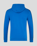 Back view of blue men's classic full zip hoodie with hood and sleeve stripe