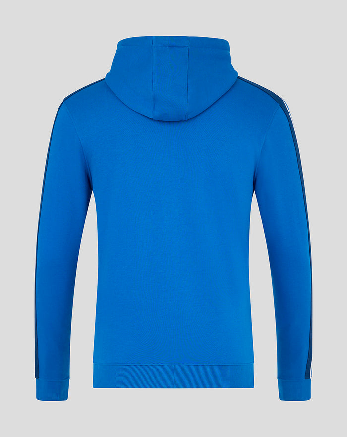 Back view of blue men's classic full zip hoodie with hood and sleeve stripe