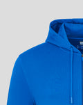 Blue men's full zip hoodie close up showing hood and zipper along the front