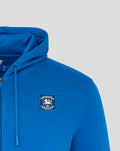 Blue men's full zip hoodie close up with chest crest patch and drawstring hood