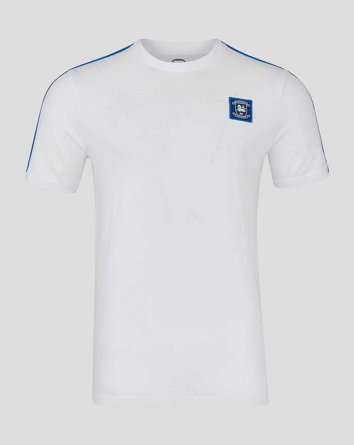White men's cotton T shirt with blue shoulder piping and small crest patch on chest