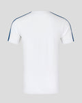Back view of a white cotton T-shirt with blue piping along the shoulders and sleeves
