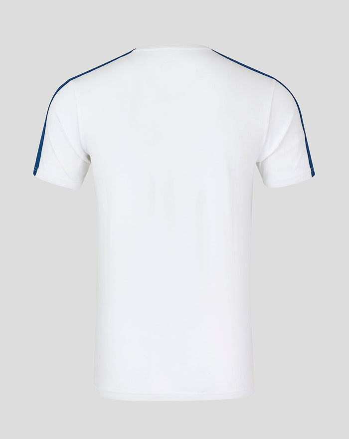 Back view of a white cotton T-shirt with blue piping along the shoulders and sleeves