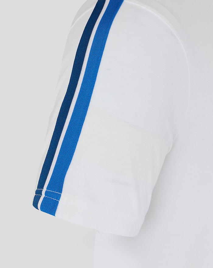 Close up of a white cotton T-shirt sleeve with double blue racing stripes