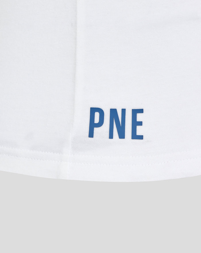 White T-shirt hem with blue PNE lettering